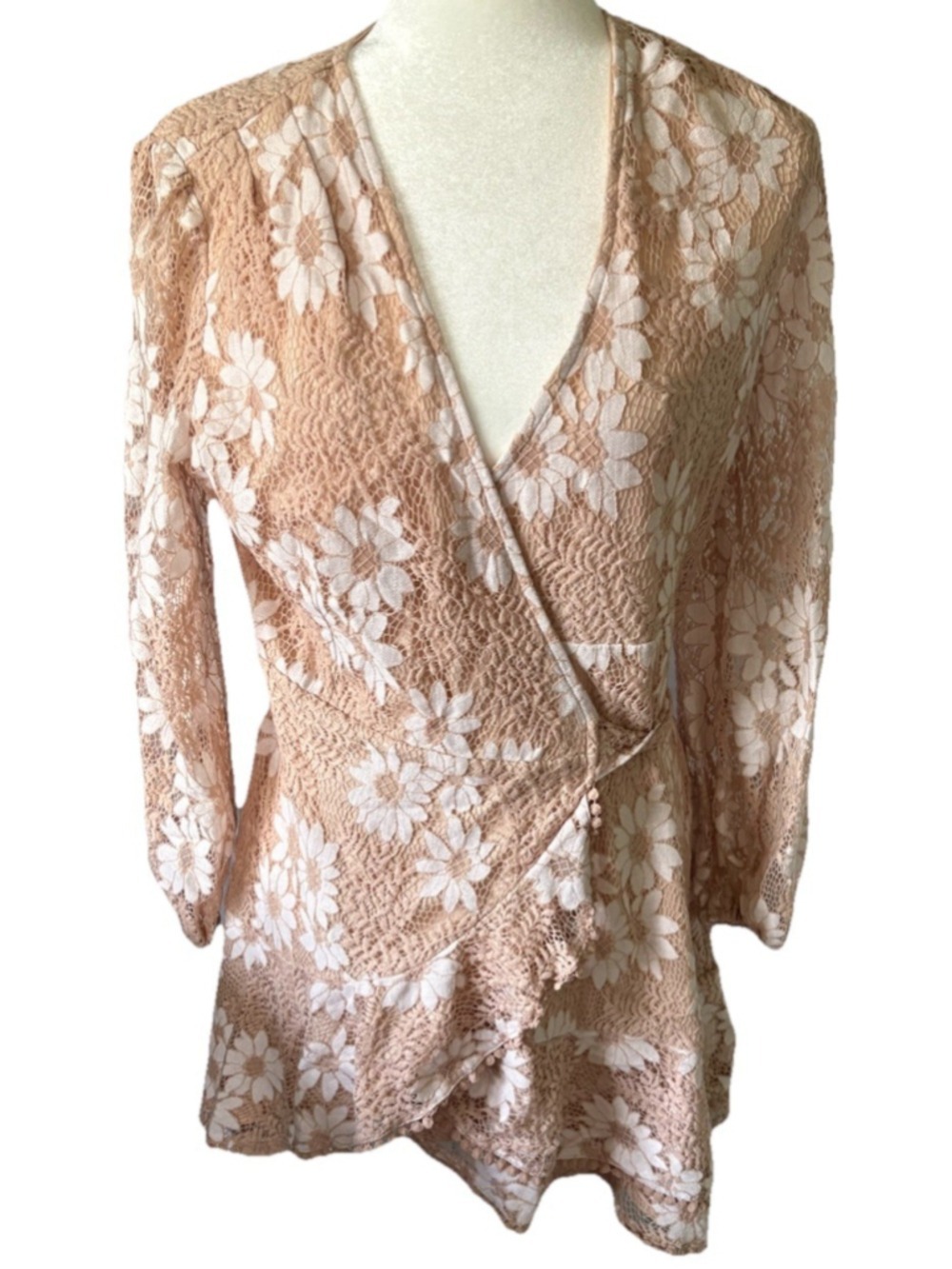 White Floral Lace Wrap Dress Long Sleeve Nude Lined Tassel Trim Cottagecore L